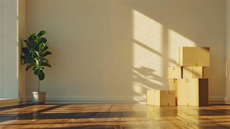 Sunlit room with wooden floor potted plant and stacked cardboard boxes ...