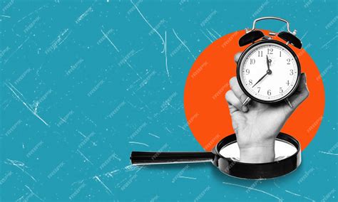 Contemporary art collage featuring a hand holding an alarm clock ...