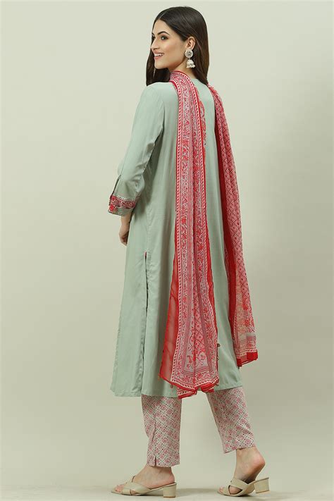 Jade Green Rayon A-Line Kurta Slim Pant Suit Set at Biba India