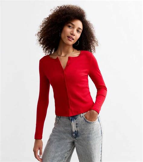 Red Rib Crew Neck Cardigan | New Look