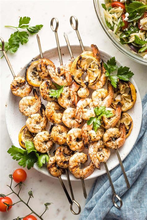 Greek Shrimp Skewers with Orzo Salad - Nourish and Fete