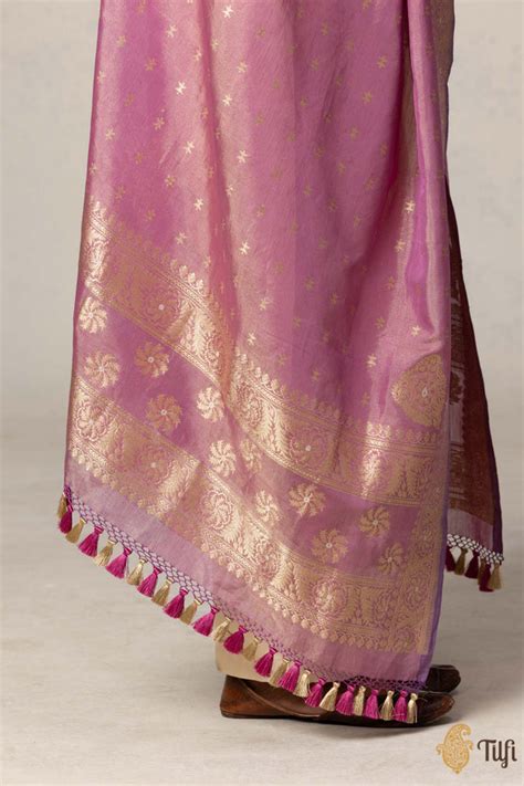 Mauve-Pink Pure Cotton Tissue Banarasi Handloom Dupatta - Tilfi