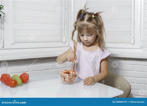 Cute Baby Girl Peels Shrimp and Eats Stock Image - Image of little ...