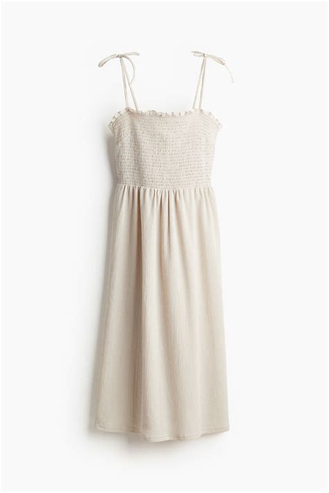 Tie-strap smocked dress - Light beige - Ladies | H&M IN