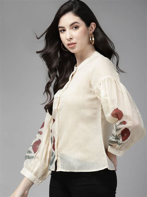 Shop Bhama Couture Beige & Maroon Floral Printed Shirt Style Top Online