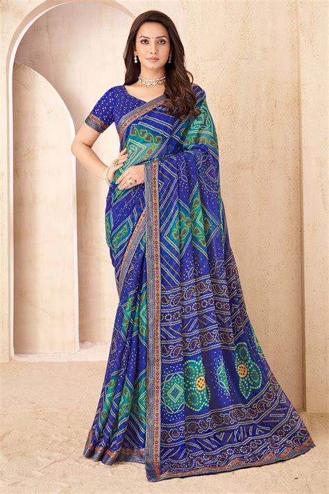 Blue Bandhani Printed Chiffon Saree Enhanced with Delicate Lace Border