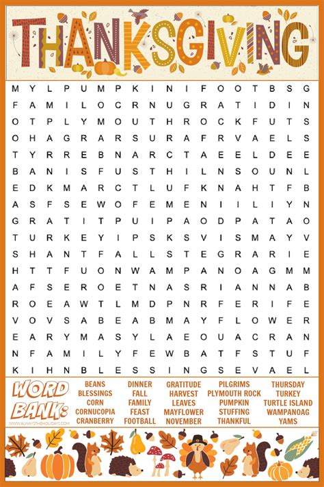 Free Thanksgiving Word Search Printable - With Answers Included