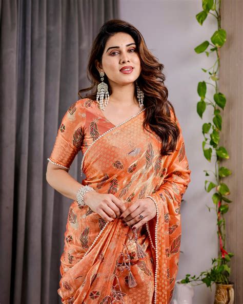Sunset Orange Fendy Chiffon Saree with Foil & Block Print, Tassel Deta ...