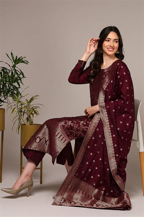 Maroon Poly Chanderi Woven Design Straight Suit Set PKSDK1976 – Ahika