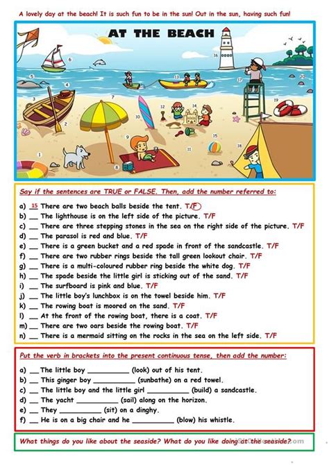 Picture description: at the beach - English ESL Worksheets for distance learning a… | Picture ...