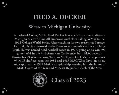 Fred Decker — Michigan Baseball Hall of Fame