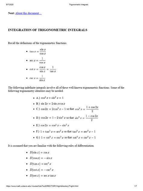 Image result for Basic Trig Integrals
