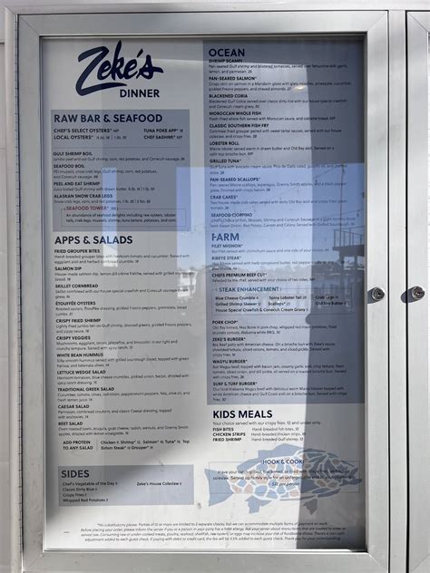 Menu at Zeke's Restaurant, Orange Beach