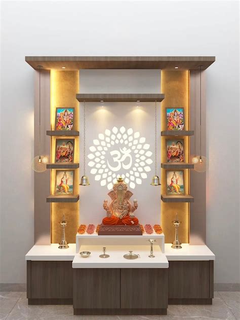 Modern Wooden Pooja Mandir with LED OM Back Panel and Storage Cabinets ...