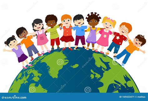 Earth Globe with Group of Multiethnic and Diverse Children Standing ...