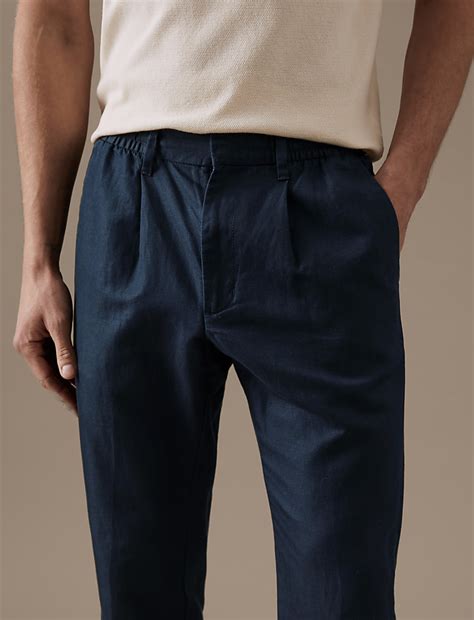 Buy Tapered Fit Linen Blend Trousers at Marks & Spencer