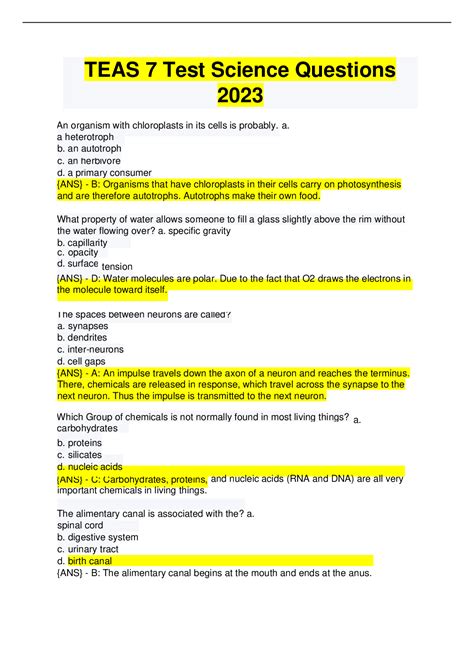 TEAS 7 Test Science Questions 2023 WITH CORRECT ANSWERS. | Science ...