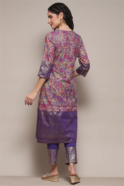Pink & Purple Voile Straight Printed Kurta Slim Pant Suit Set at Biba India