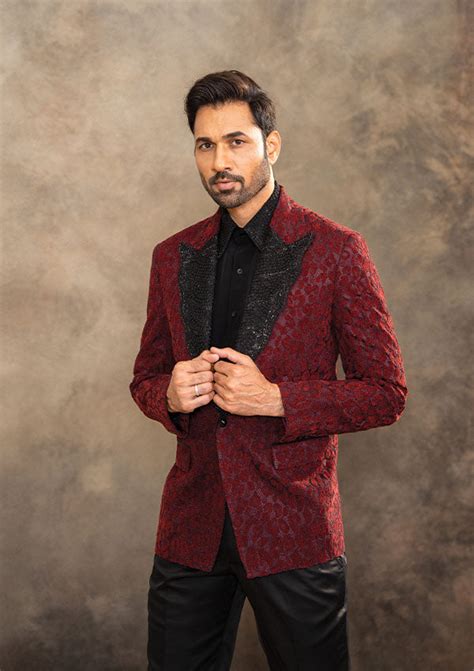 Reddish Maroon Net Fabric Suit with Hand Embellished Lapel ...