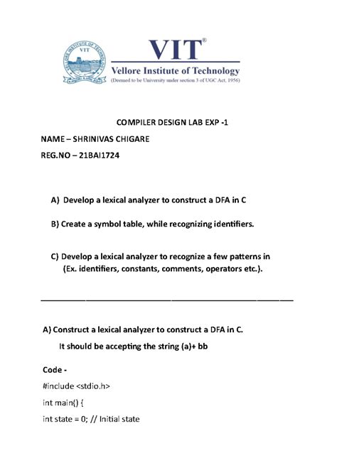 21BAI1724 LAB-01 - class - COMPILER DESIGN LAB EXP - 1 NAME – SHRINIVAS ...