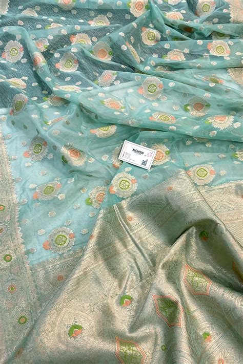 Mint Green Golden Zari Organza Silk Banarasi Saree – Mohsin Textiles
