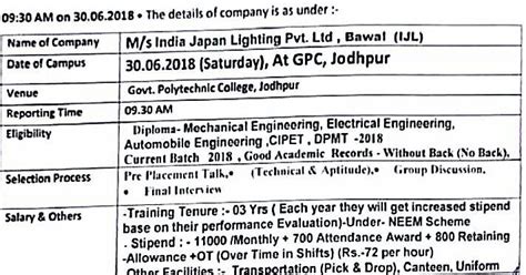 Campus interview For Diploma Engineer Company India Japan Lighting Pvt ...
