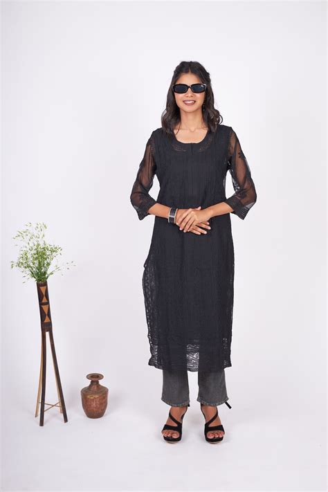 Georgette Chikankari kurti- Black On Black – Paridhan Chikan Exclusive