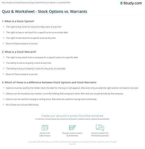 Quiz & Worksheet - Stock Options vs. Warrants | Study.com