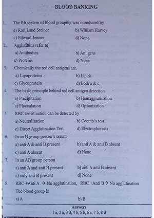 MCQ and answers(Pathology-objective type questions) - Bsc MLT - Studocu