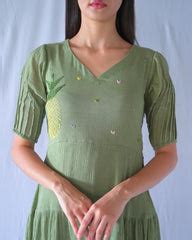 Buy Sage Green Fit and Flare Dress with Sleeves Online | Studio Bustle