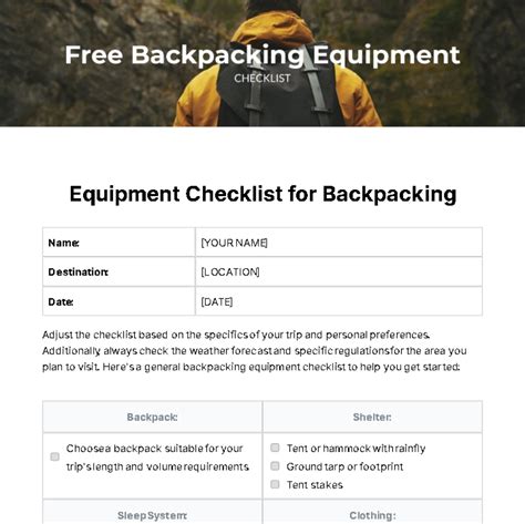 Free Backpacking Equipment Checklist Template to Edit Online