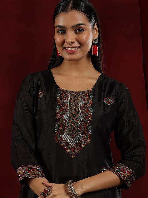 Buy Libas Art Black Woven Design Silk Blend Straight Suit With Dupatta ...