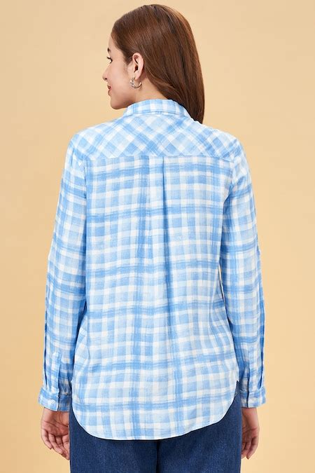 Light Blue Printed Casual Full Sleeves Shirt Collar Women Regular Fit ...