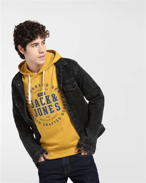Yellow Logo Print Hooded Sweatshirt For Men - JACK&JONES