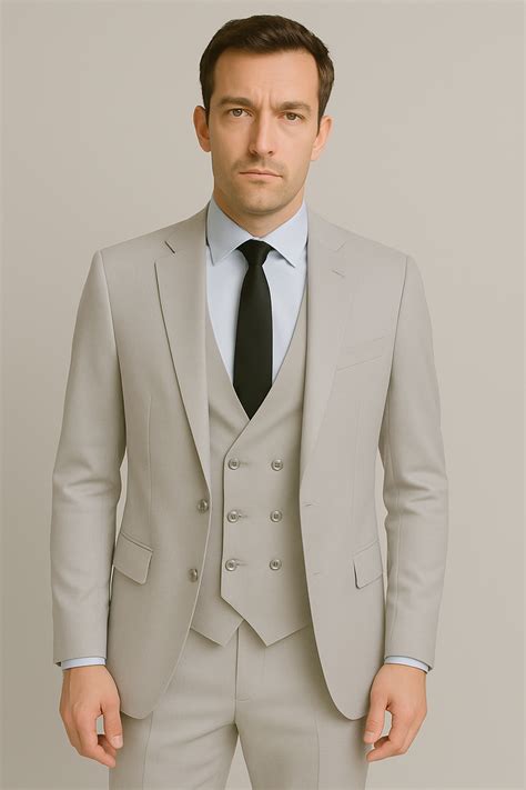 Light Grey Three-Piece Slim Fit Suit with Double-Breasted Waistcoat (I ...