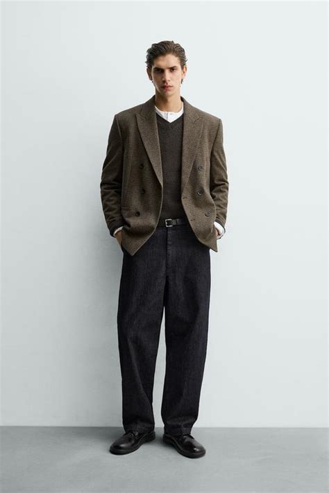 WOOL BLEND CHECK DOUBLE-BREASTED BLAZER - Brown | ZARA India