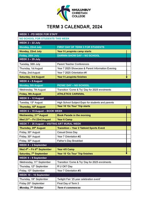 College calendar - Nhulunbuy Christian College