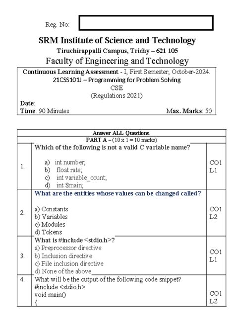 PPS CLA-Set1 - practice material - Reg. No: SRM Institute of Science ...