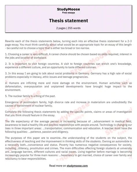 Thesis statement - Research Paper Example - Free Essay