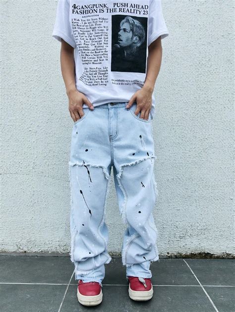 Manfinity EMRG Men Splash Ink Print Raw Trim Straight Leg Jeans | SHEIN ...