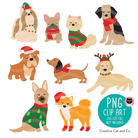 A cute clipart image of a dog wearing a Santa hat, sitting next to a ...