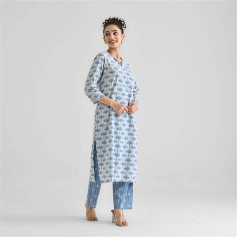 Buy Light Blue Lotus Dabu Inspired Cotton Kurta with Notch Neckline ...
