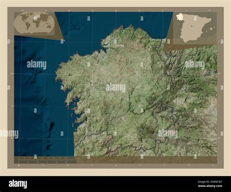 Galicia, autonomous community of Spain. High resolution satellite map. Corner auxiliary location ...