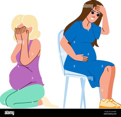 stress pregnancy vector. woman pain, tired sad, headache mother, problem trouble, bad belly ...