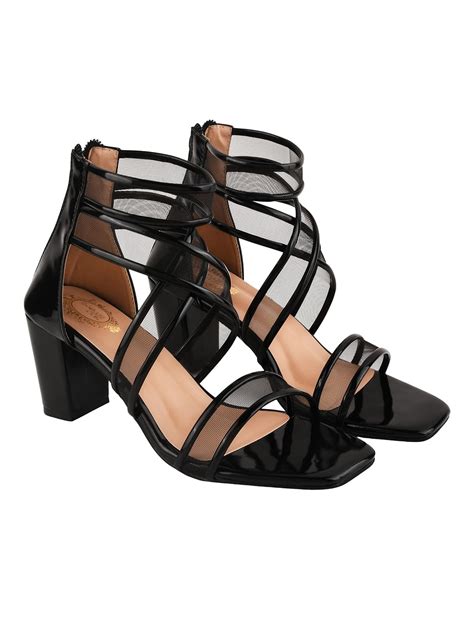 Buy Shoetopia Patent Multi Cross Strap Black Block Heeled Sandals at ...