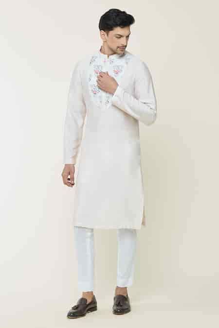 Buy Ivory Cotton, Silk Embroidery Floral Hand Painted Kurta Set For Men ...