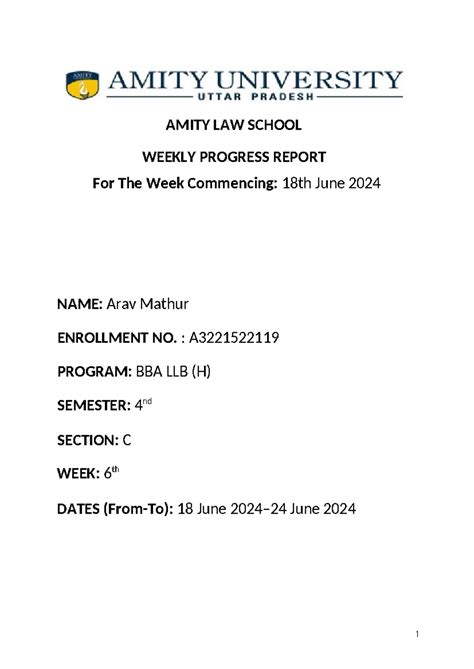 Internship 2 week 6 - helpful - AMITY LAW SCHOOL WEEKLY PROGRESS REPORT ...