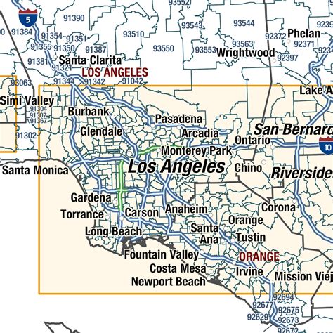 California Zip Codes Map Los Angeles Metro Area ZIP Code Laminated