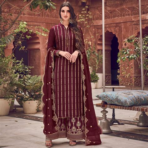 Maroon Floral Embroidered Pure Dola Jacquard Partywear Suit