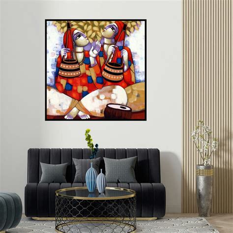 "Baul": Red Acrylic Painting (36x36) by Sekhar Roy – ArtZolo.com